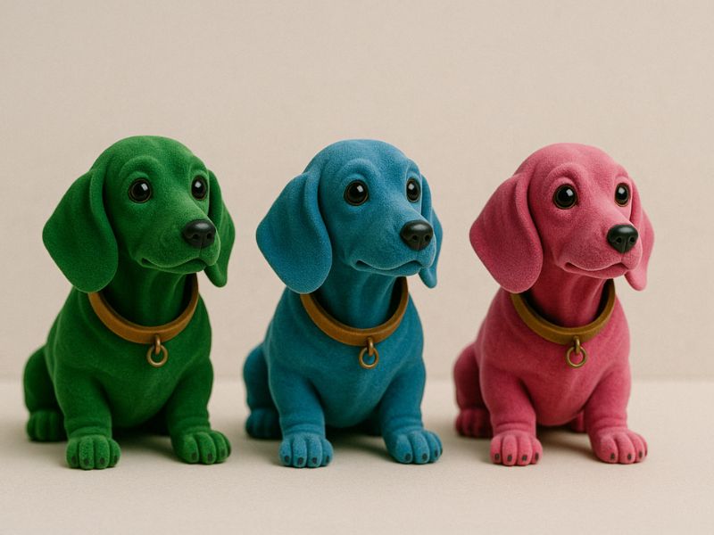 Drei Wackeldackel in den Farben grün, blau und rosa sitzen nebeneinander.