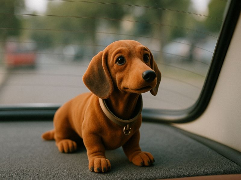 Eine brauner Wackeldackel mit Halsband sitzt auf einer Hutablage.