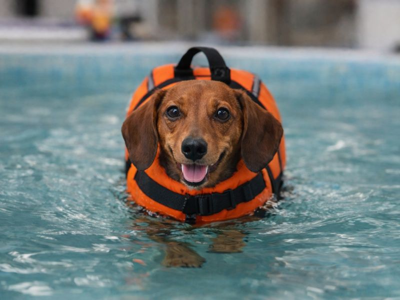 Ein Dackel schwimmt mit orangefarbener Schwimmweste in einem Hundeschwimmbad.