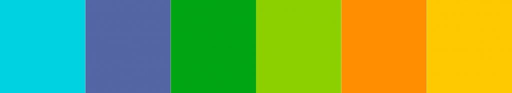 Fünf gleich breite Farbbalken in Hellblau, Blauviolett, Grün, Hellgrün, Orange, Gelb