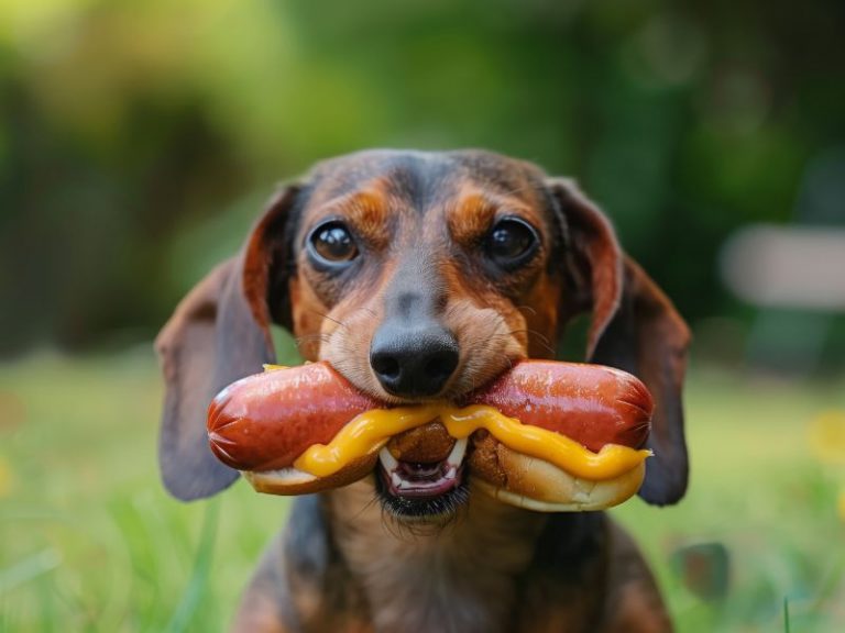 Ein Dackel hält einen Hot Dog mit Senf im Maul.