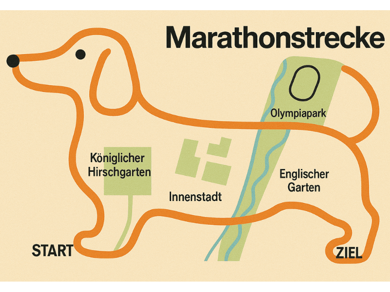 Marathonstrecke 1972 in München in Form von Waldi, dem Olympia-Dackel