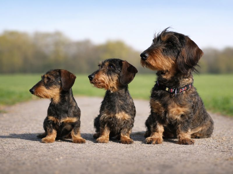 Drei Rauhaardackel nebeneinander zeigen den Größenvergleich.