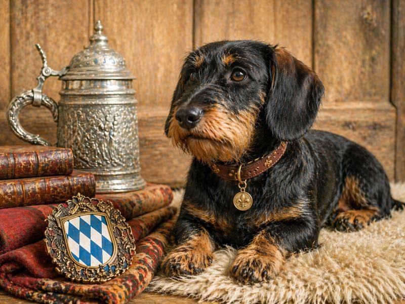 Dackel mit bayerischem Wappen und Bierkrug in traditionellem Umfeld.
