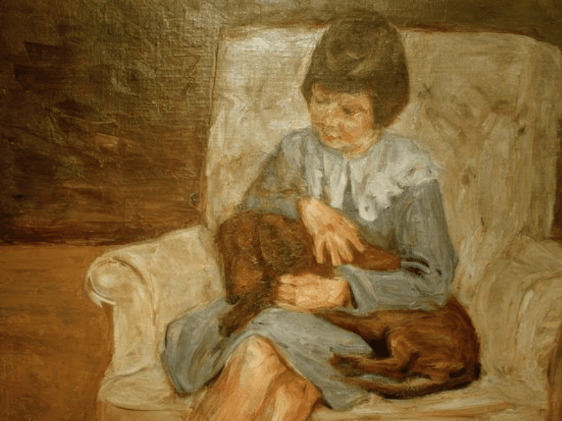 Enkelin von Max Liebermann mit Dackel auf einem Lehnstuhl