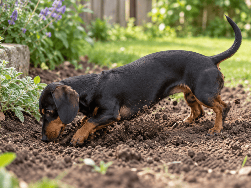 Ein Dackel gräbt und buddelt mit den Vorderpfoten in der Erde im Garten.